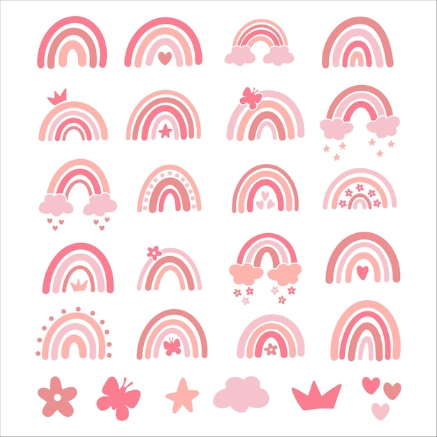 Conjunto de ilustración de vector bebé arco iris. Arco iris moderno de vivero dibujado a mano rosa. Diseño lindo para baby shower, estampado de ropa para niños. Estilo minimalista escandinavo.