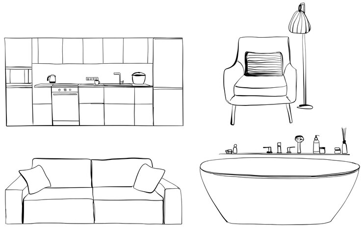Conjunto de ilustración de vector de boceto dibujado a mano interior diferente