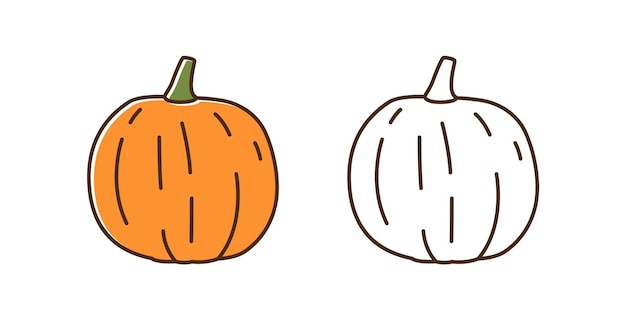 Conjunto de ilustración de vector de calabaza monocromo natural colorido y contorno. Calabaza de otoño de temporada con elementos de diseño en estilo de arte lineal. Vegetales orgánicos frescos aislados sobre fondo blanco.