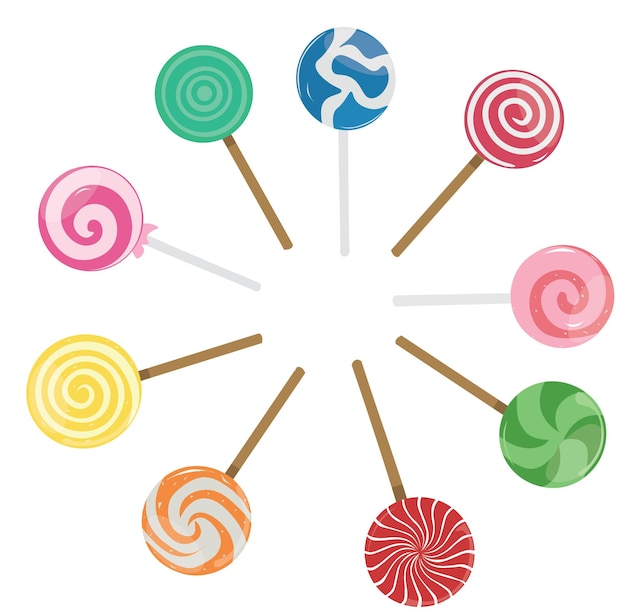 Conjunto de ilustración de vector de caramelo de piruleta con varios patrones de espiral y rayo Piruleta de colores dulce