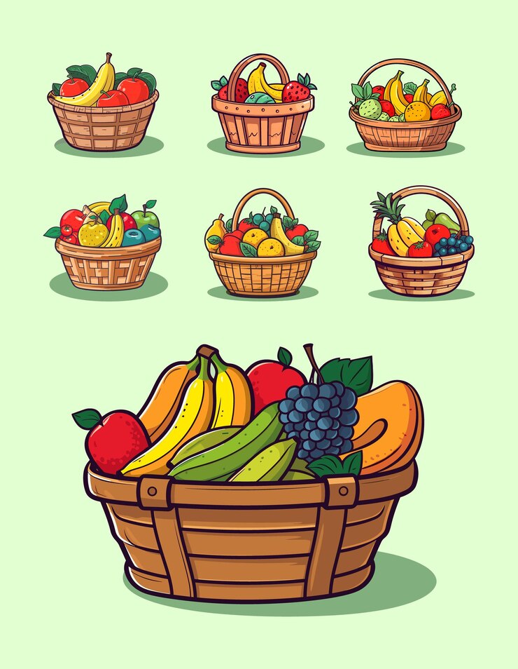 Conjunto de ilustración de vector de cesta de frutas