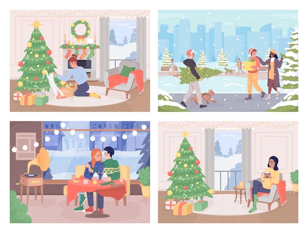 Conjunto de ilustración de vector de color plano de actividades navideñas acogedoras