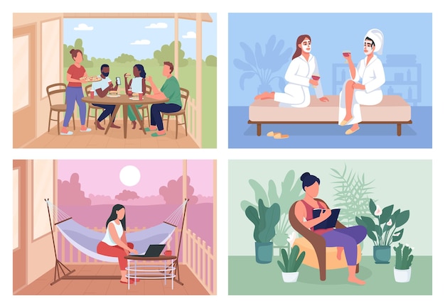 Conjunto de ilustración de vector de color plano de fiesta en casa. relajación en verano. actividad de ocio de fin de semana. amigos personajes de dibujos animados en 2d con un espacio acogedor interior y exterior en la colección de fondo