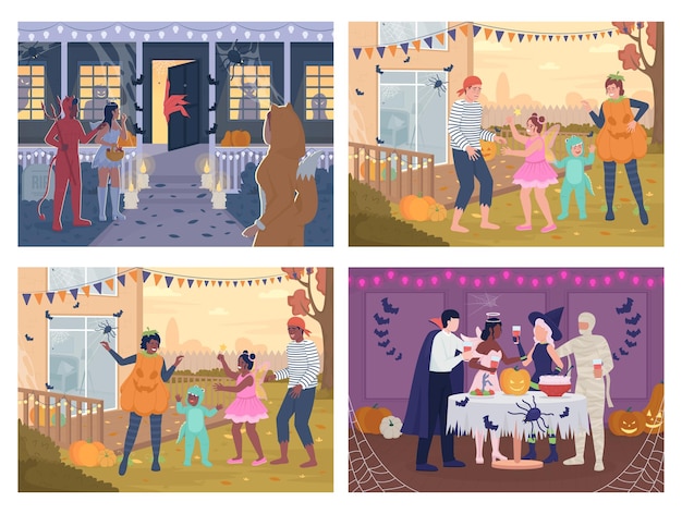 Conjunto de ilustración de vector de color plano de fiesta de disfraces de Halloween