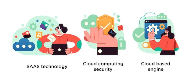 Vector conjunto de ilustración de vector de concepto abstracto de software en la nube seguridad informática en la nube de tecnología saas