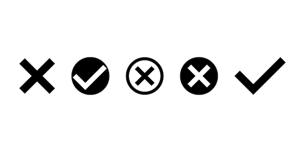 Conjunto de ilustración de vector cruzado y marca de verificación negra Icono de marca de lista de verificación