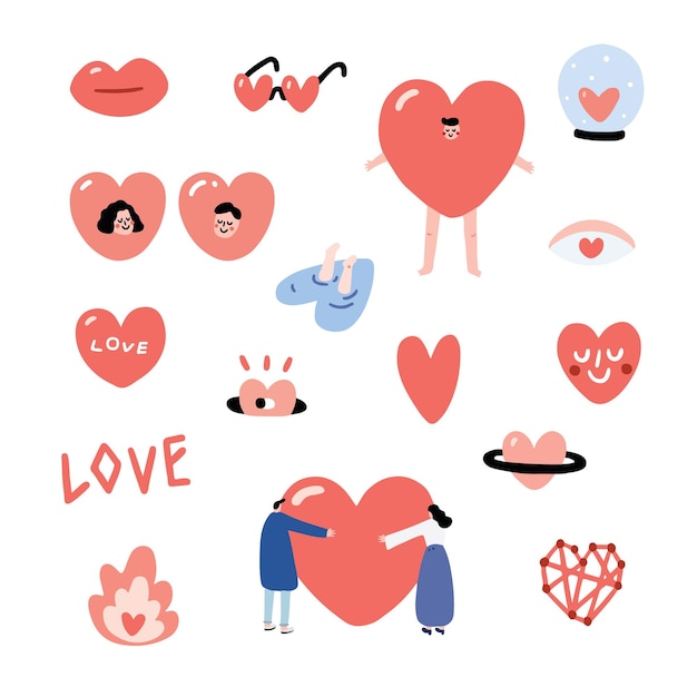 Conjunto de ilustración de vector dibujado a mano de San Valentín Conjunto de caracteres de corazón