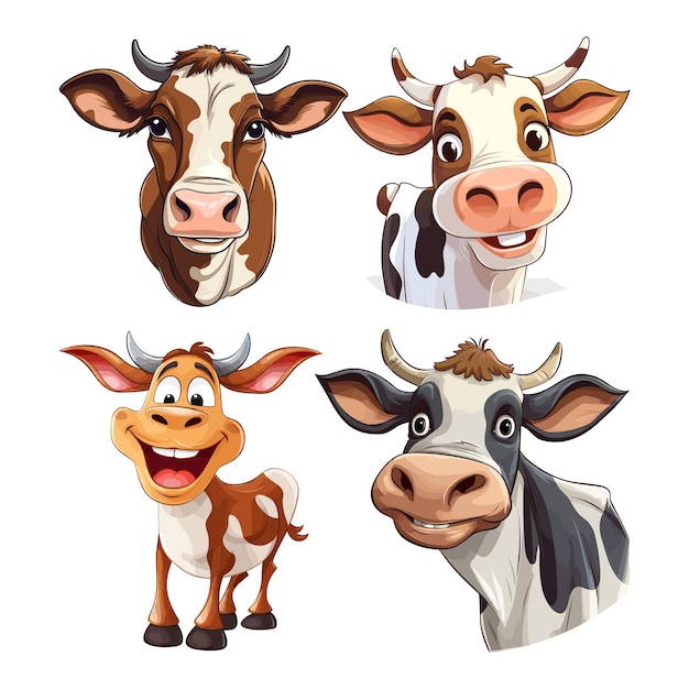 Conjunto de ilustración de vector de dibujos animados sonriente de vaca