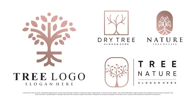 Conjunto de ilustración de vector de diseño de logotipo de árbol de naturaleza con elemento creativo Vector Premium