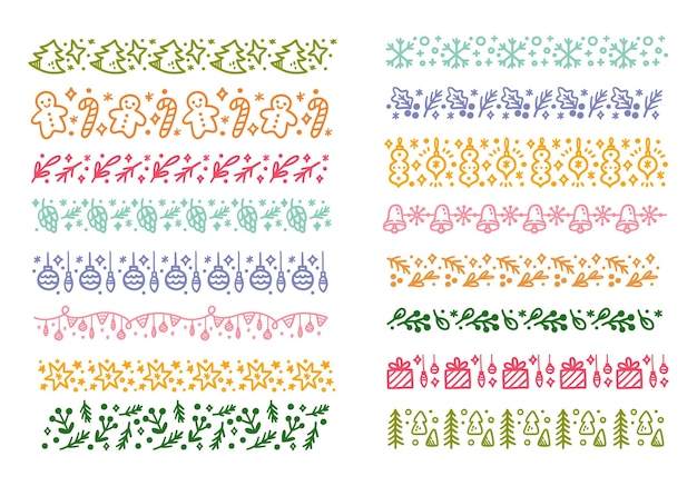 Vector conjunto de ilustración de vector de doodle de cepillo de patrones sin fisuras con temática navideña