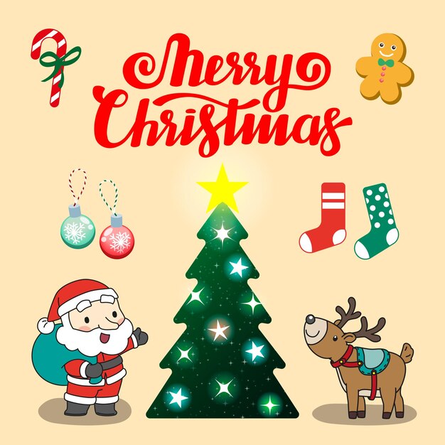 Conjunto de ilustración de vector de elementos de Navidad, fuente retro de feliz Navidad