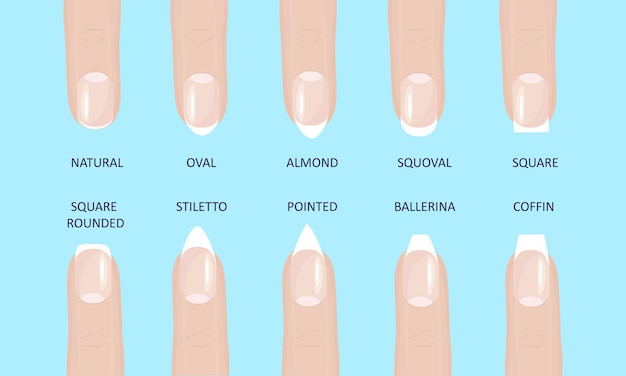 Conjunto de ilustración de vector de estilo plano de formas de uñas de moda más popular de manicura