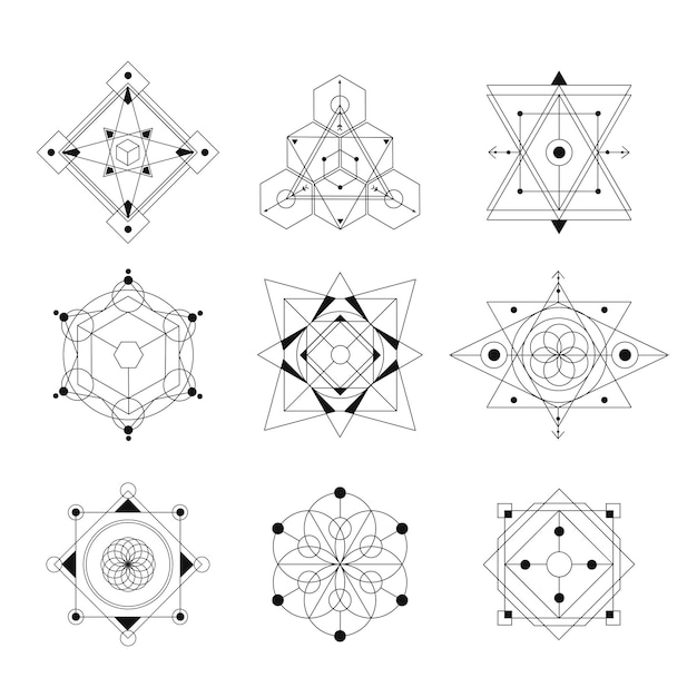 Conjunto de ilustración de vector de geometría sagrada en blanco y negro Bueno para el diseño de logotipo de estera de yoga y ropa Estilo boho