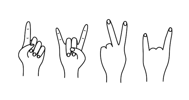 Conjunto de ilustración de vector de gestos de mano de iconos de varios signos de mano líneas finas