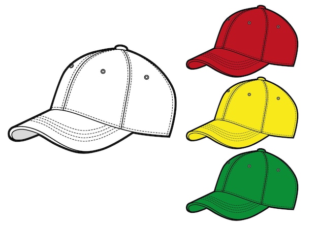 Conjunto de ilustración de vector de gorras de béisbol de color en blanco, objeto aislado. Colores blanco, rojo, verde