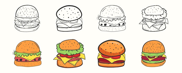 Vector conjunto de ilustración de vector de hamburguesas de estilo de dibujos animados dibujados a mano