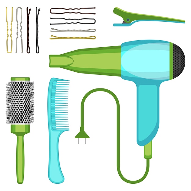 Vector conjunto de ilustración de vector de herramientas de peluquería aislado sobre fondo blanco. iconos de cepillos para el cabello, secador de pelo y horquillas profesionales