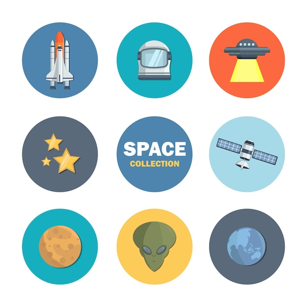 Conjunto de ilustración de vector de icono de espacio. Estilo para web, página de destino, pegatinas y fondo