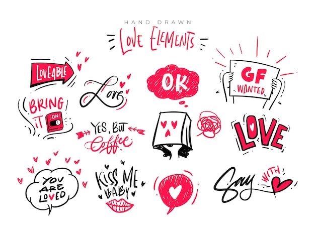 Conjunto de ilustración de vector de imágenes prediseñadas de elemento de amor dibujado a mano. Tipografía de letras de amor con ilustración en vector.