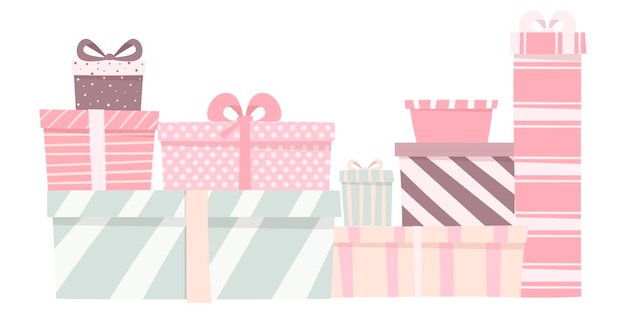 Conjunto de ilustración de vector de lindos regalos de diferentes formas y colores. cajas con lazos de delicados colores. decoraciones de dibujos animados para el fondo festivo.
