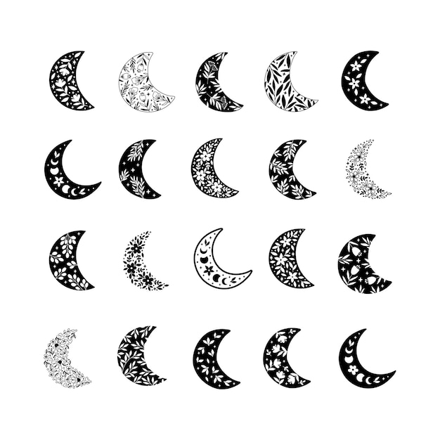 Conjunto de ilustración de vector de luna creciente floral Símbolo dibujado a mano con flores en el fondo blanco Decoración de estilo boho Celestial camiseta tazas imprimir cartel tarjetas logo pegatina