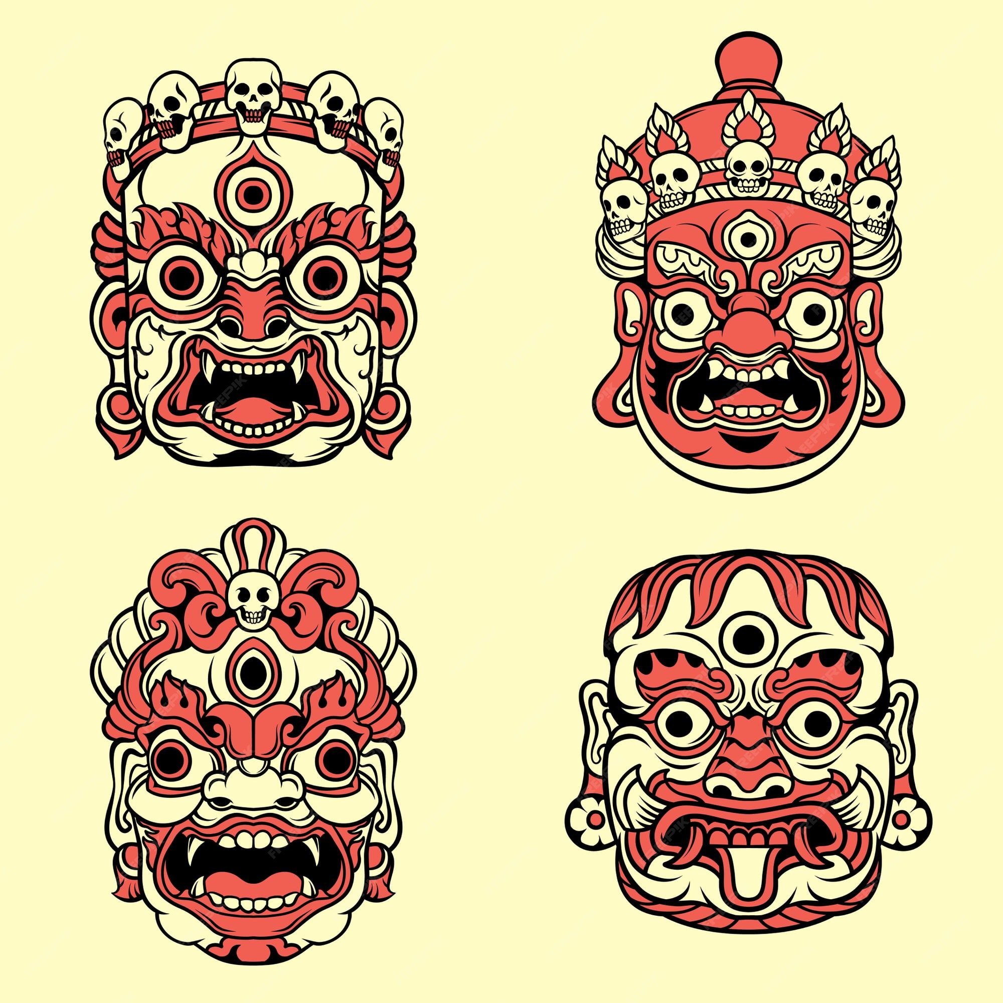Zoológico de noche tenedor ideología Conjunto de ilustración de vector de máscara tibetana | Vector Premium