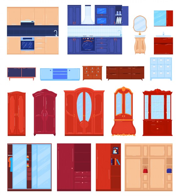 Conjunto de ilustración de vector de muebles de armario.