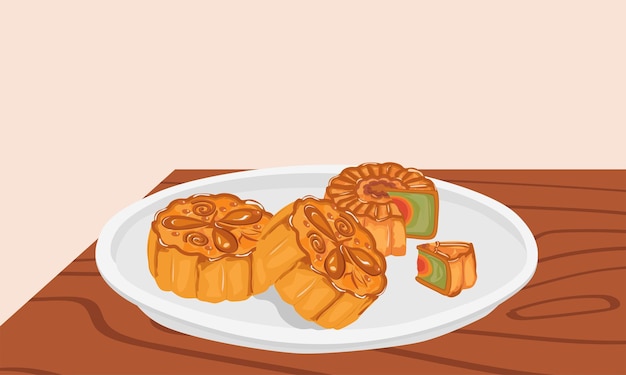 Conjunto de ilustración de vector de pastel de luna y té Imágenes prediseñadas de pastel de luna chino tradicional