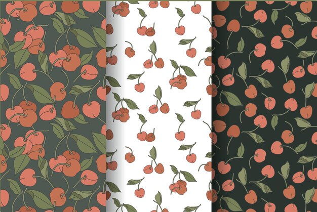 Conjunto de ilustración de vector de patrones sin fisuras con cereza. Diseño abstracto vintage para papel, cubierta, tela, decoración de interiores.
