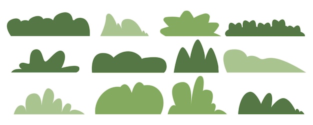 Conjunto de ilustración de vector plano de arbusto verde o silueta de arbustos Paisaje de jardín simple con arbusto de dibujos animados Vegetación de cobertura de hierba de patio trasero de verano Planta abstracta aislada en blanco