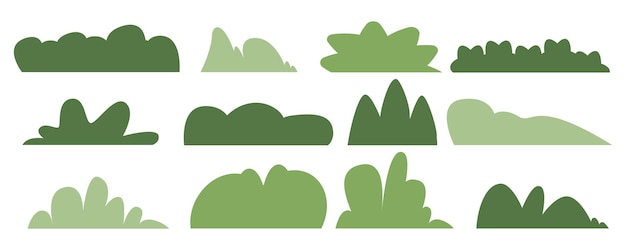 Conjunto de ilustración de vector plano de arbusto verde o silueta de arbustos paisaje de jardín simple con arbusto de dibujos animados vegetación de cobertura de hierba de patio trasero de verano planta abstracta aislada en blanco