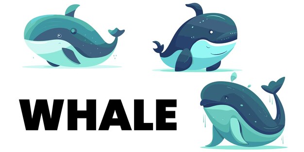 Un conjunto de ilustración de vector plano de ballena azul