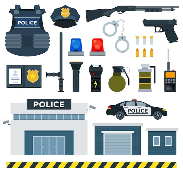 Vector conjunto de ilustración de vector plano de herramientas de policía en blanco.