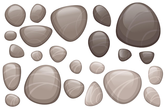 Conjunto de ilustración de vector plano de piedras lisas o guijarros aislado sobre fondo blanco