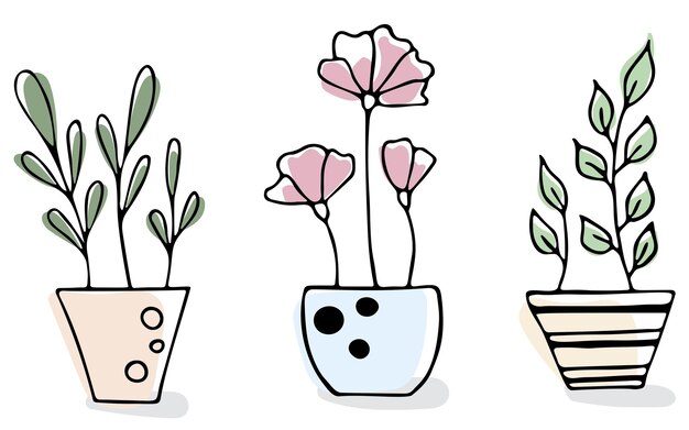 Conjunto de ilustración de vector de planta de interior con diseño de garabato de línea simple