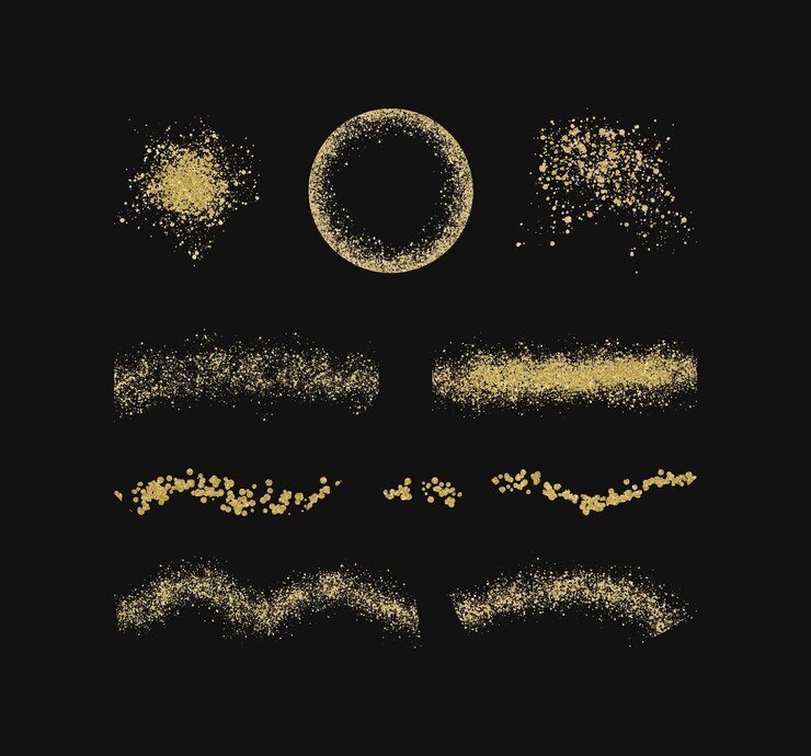 Conjunto de ilustración de vector de rayas de confeti de trazo de pincel de oro brillo