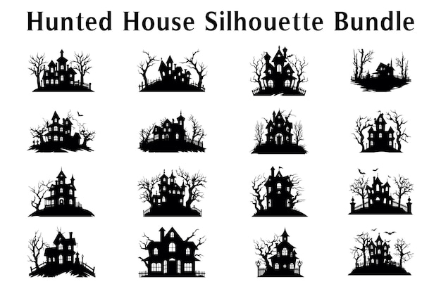 Conjunto de ilustración de Vector de silueta de casa embrujada de Halloween aterrador