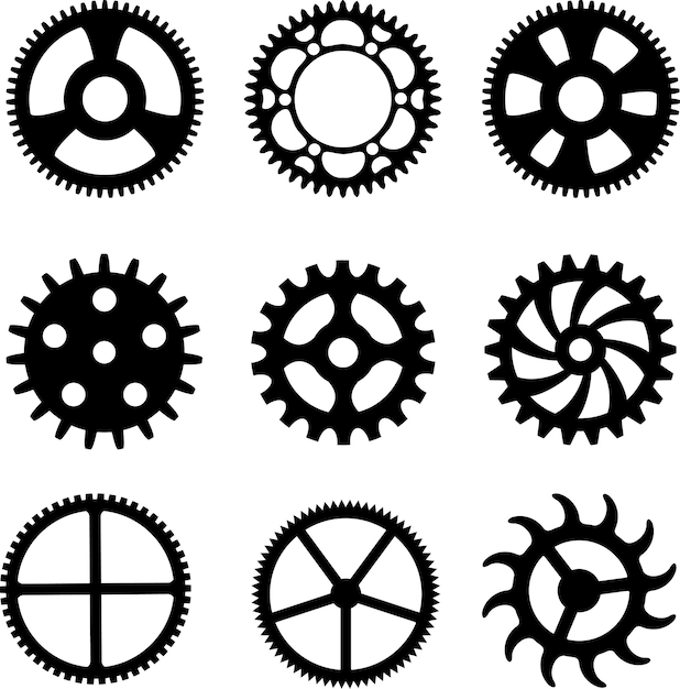 Conjunto de ilustración de vector de silueta de diferentes ruedas dentadas