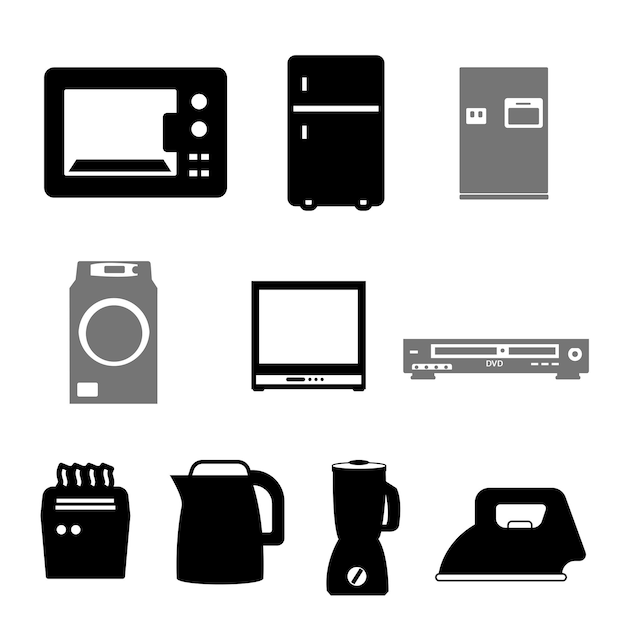 Conjunto de ilustración de vector de silueta de electrodomésticos diferentes
