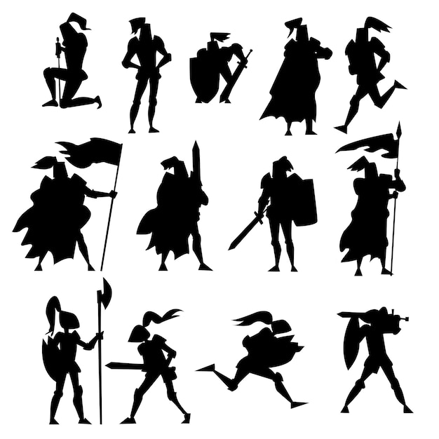 Conjunto de ilustración de vector de silueta de guerrero diferente