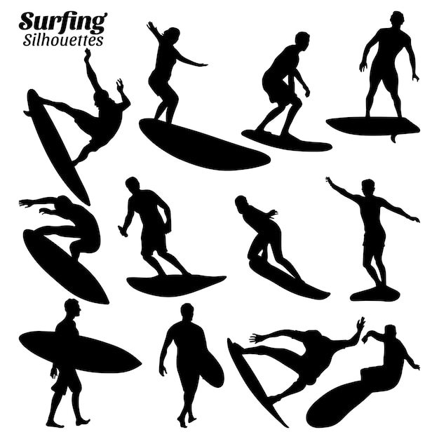 Conjunto de ilustración de vector de silueta de surf