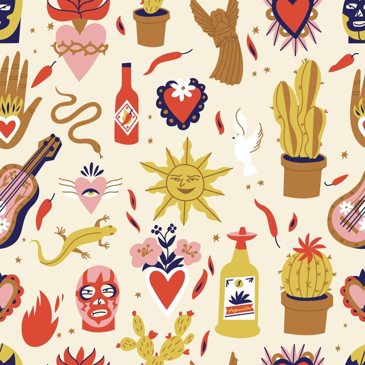 Conjunto de ilustración de vector de símbolos de la cultura mexicana con objetos tradicionales religión católica simbólica. Patrón sin costuras.