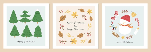 Conjunto de ilustración de vector de tarjetas de Navidad dibujadas a mano orgánica