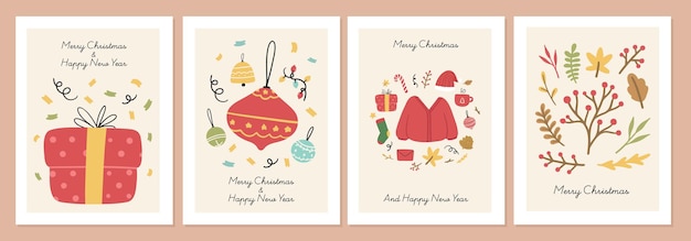 Conjunto de ilustración de vector de tarjetas de Navidad dibujadas a mano orgánica
