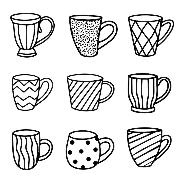 Conjunto de ilustración de vector de tazas en estilo doodle