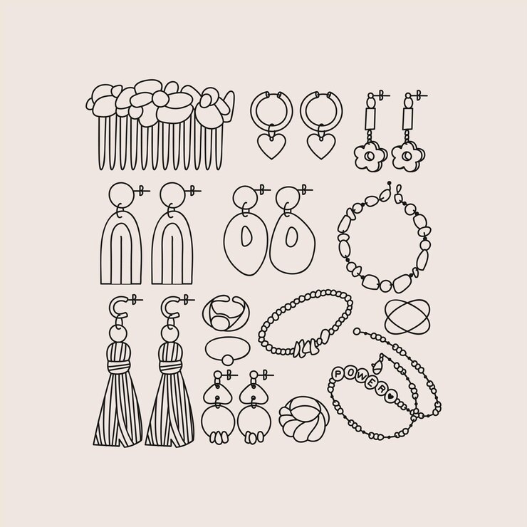 Conjunto de ilustración vectorial de artículos de joyería. Accesorios modernos: collar de perlas, abalorios, anillo, pendientes, pulsera, peineta.
