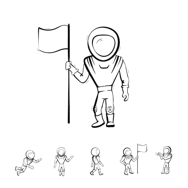 Conjunto de ilustración vectorial de astronauta. Doodle de exploración y logro del planeta