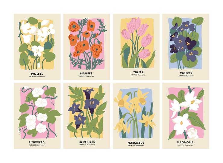 Conjunto de ilustración vectorial de carteles botánicos diferentes flores Arte para postales fondo de banner de arte de pared