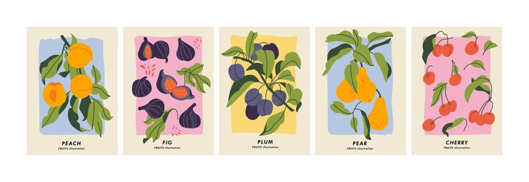 Conjunto de ilustración vectorial de carteles botánicos con diferentes frutas Arte para postales fondo de banner de arte de pared