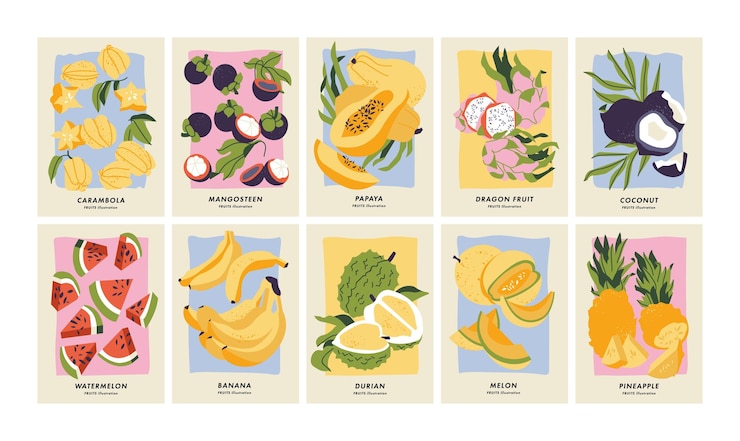 Conjunto de ilustración vectorial de carteles con diferentes frutas Arte para postales fondo de banner de arte de pared